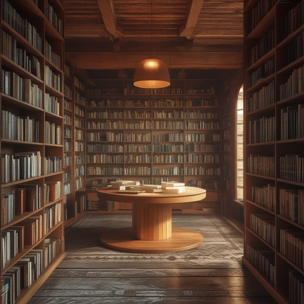 Heller, ruhiger Lesezimmer-Innenraum mit Holzregalen voller Bücher, einem runden Tisch und warmem Licht, der Forschung und Wissensarbeit symbolisiert