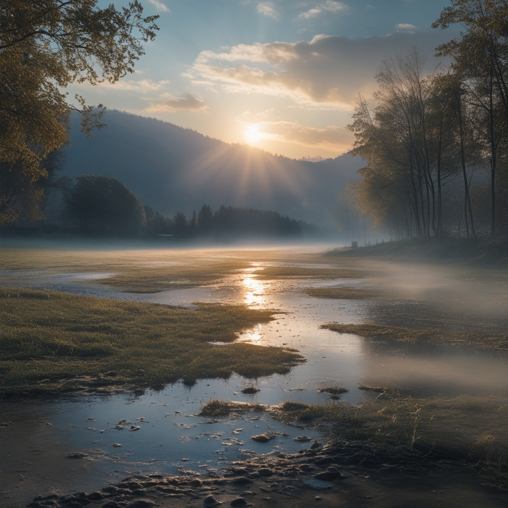 Weitwinkelaufnahme einer stillen Seenlandschaft im Morgennebel, die Ruhe, Kontinuität und natürliche Bewegungsrhythmen symbolisiert