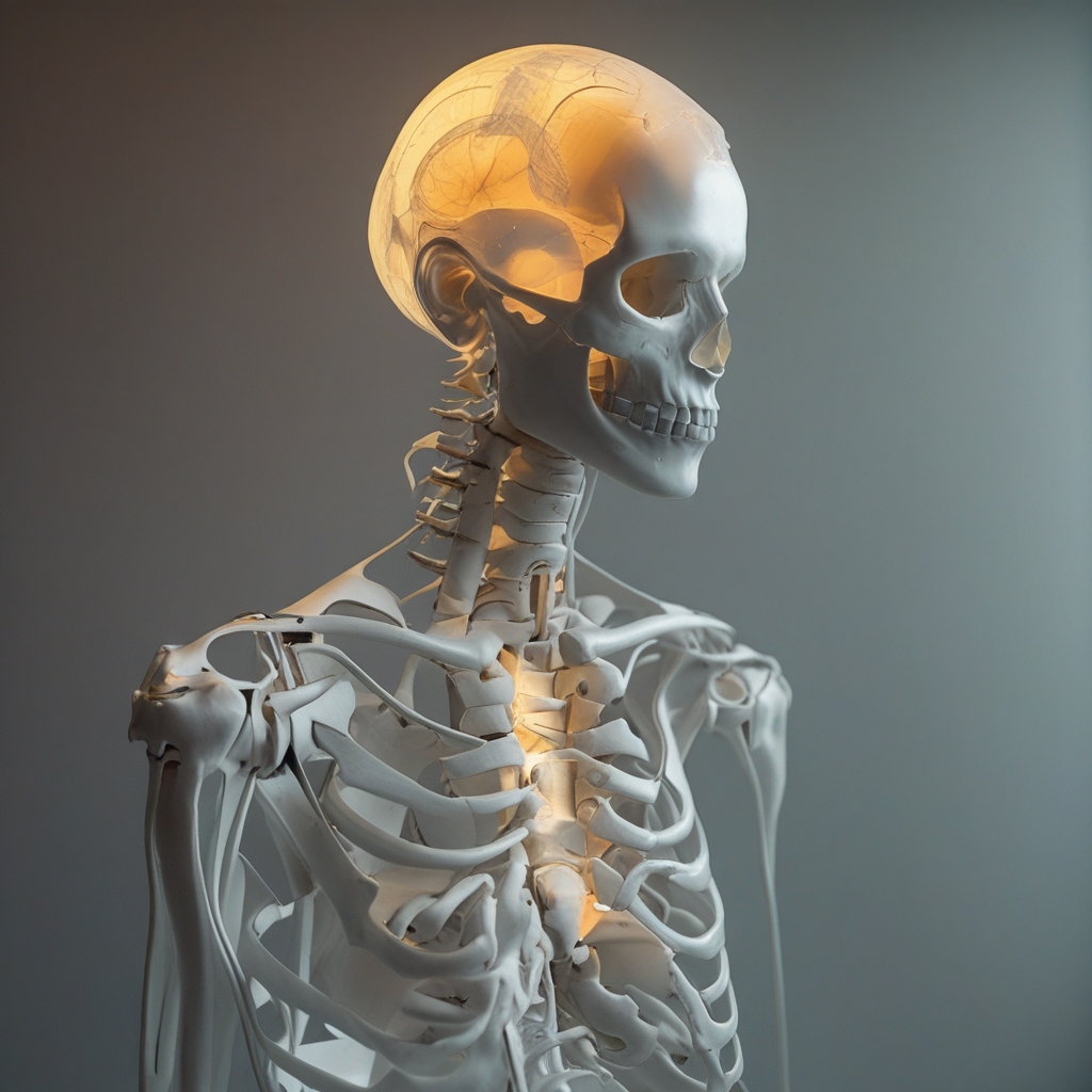Schematisches Modell eines menschlichen Skeletts aus hellem Material auf dunklem Hintergrund, das die Knochenstruktur und Gelenkverbindungen zeigt, ohne medizinischen Kontext