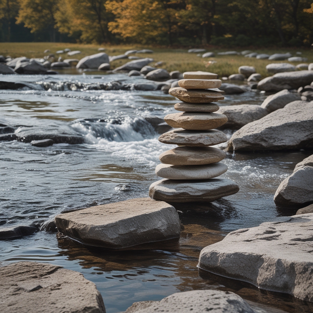 Flache Steine, die in einem ruhigen Bach zu einem stabilen Turm balanciert sind, umgeben von fließendem Wasser und moosbedeckten Felsen