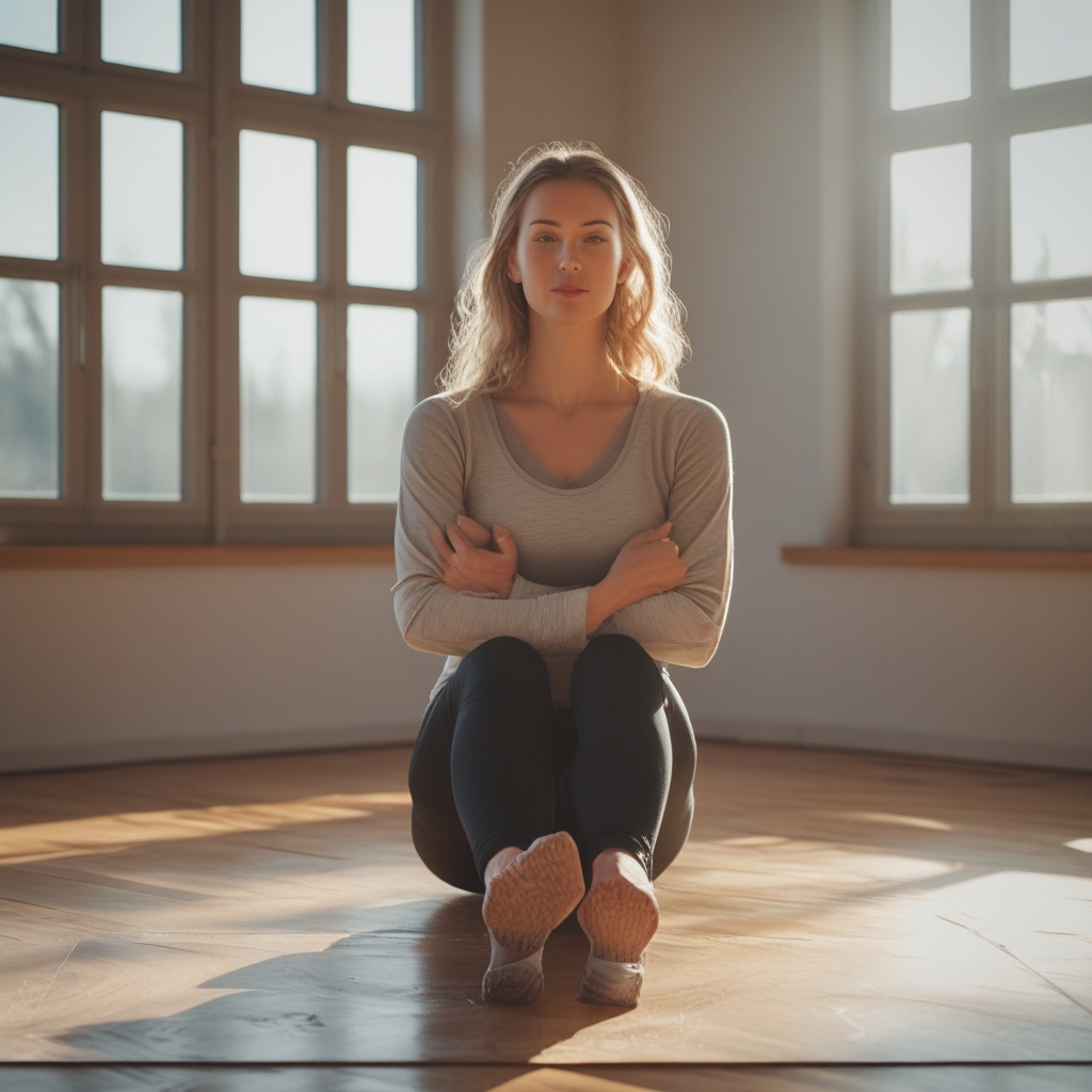 Person in tiefer, kontrollierter Dehnungsposition in einem sonnendurchfluteten Studio mit Holzboden und großen Fenstern